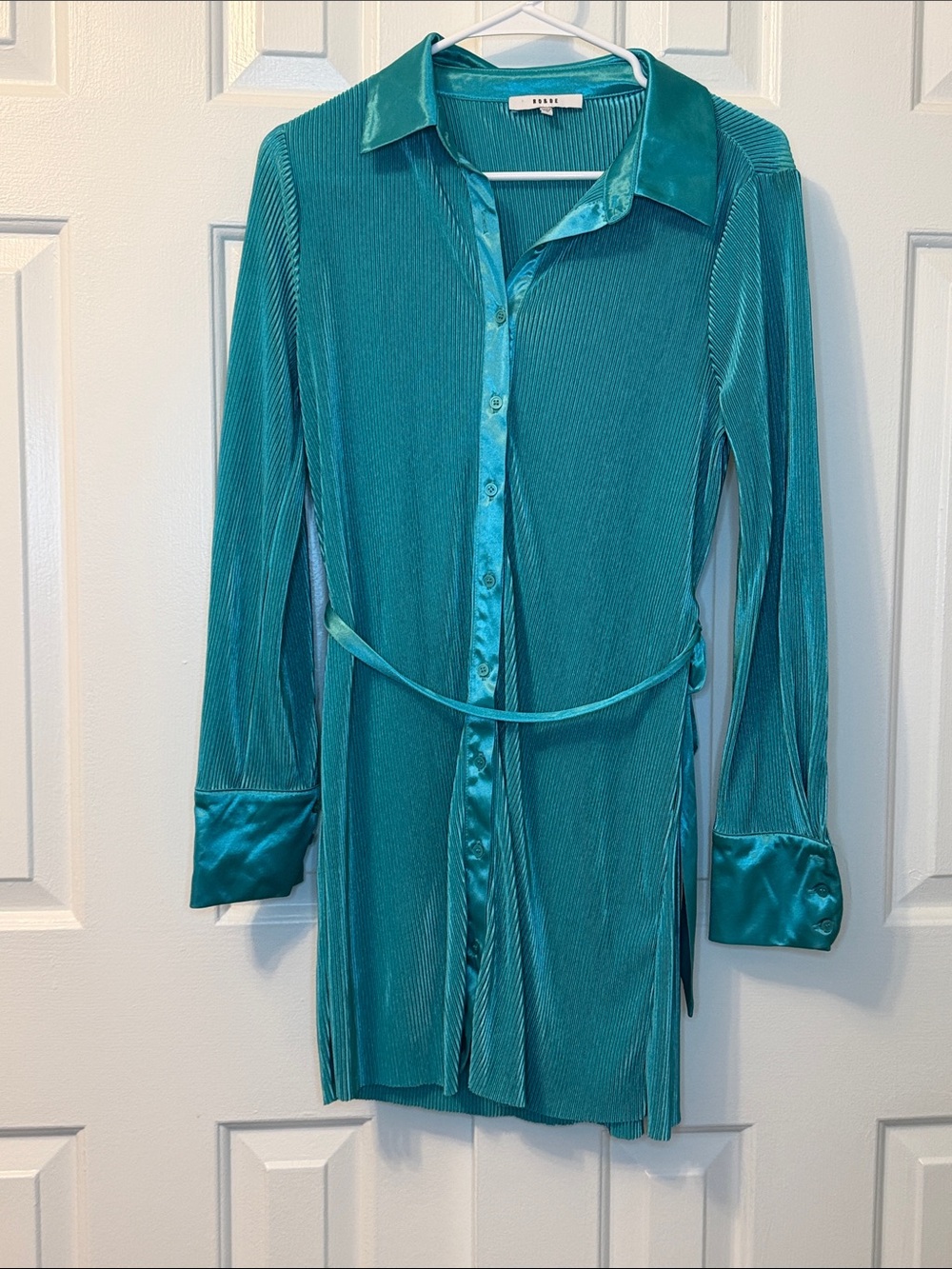 RO & DE Anthropologie Blue Teal Shirt Dress Pleated Satin Trim Size M